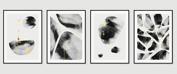 Set of abstract wall art template. Luxury design on white background with black paint, line art, and gold drops in hand painted. Design for wall decoration, interior, prints, cover, and postcard. © TWINS DESIGN STUDIO