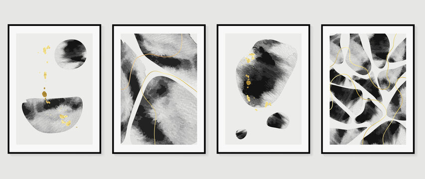 Set Of Abstract Wall Art Template. Luxury Design On White Background With Black Paint, Line Art, And Gold Drops In Hand Painted. Design For Wall Decoration, Interior, Prints, Cover, And Postcard.