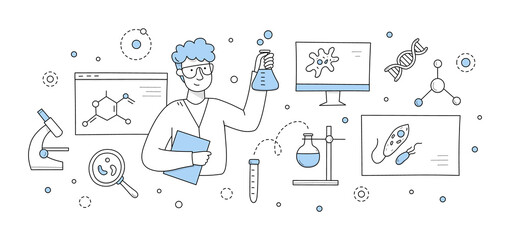 Science doodle concept, chemist or biologist scientist holding beaker with reagent in laboratory with microscope, molecule formulas, dna, microorganism cells and flasks, Linear vector illustration