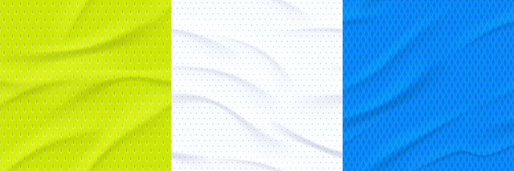 Textures of sports jersey, athletic shirt material. Vector realistic set of seamless patterns of modern mesh textile for sport wear. Abstract background with cloth surface with wrinkles © klyaksun