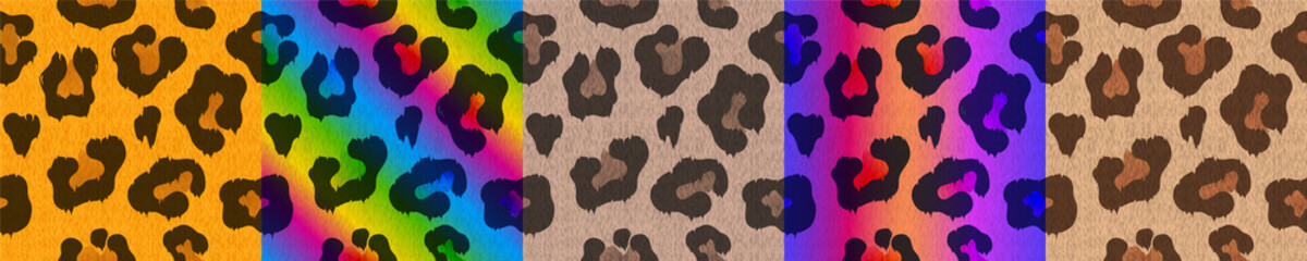 Color textures of leopard skin with spots. Vector set of seamless patterns with cheetah fur with rainbow gradient. Wild african cat skin print for textile or game design