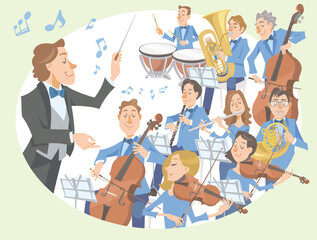 Classical music orchestra and a conductor performing. Musicians: violinist, cellist, flutist, oboist, hornist, contrabassist, tubist, timpanist, conductor. Vector illustration in flat cartoon style. - obrazy, fototapety, plakaty