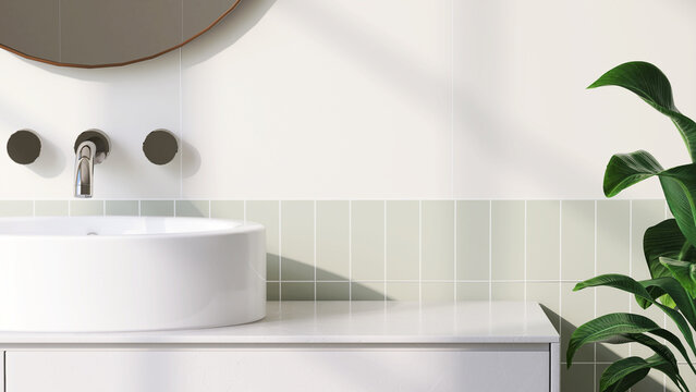 Realistic 3D rendering background, a modern white vanity unit in the bathroom with mirror and round ceramic wash basin on marble countertop. Morning Sunlight, Products display background, Mock up.