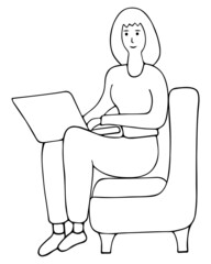A young woman works from home. Sketch. The girl is sitting on a chair with a laptop on her lap. Vector illustration. Freelancer works online. Doodle style. Outline on isolated background. 