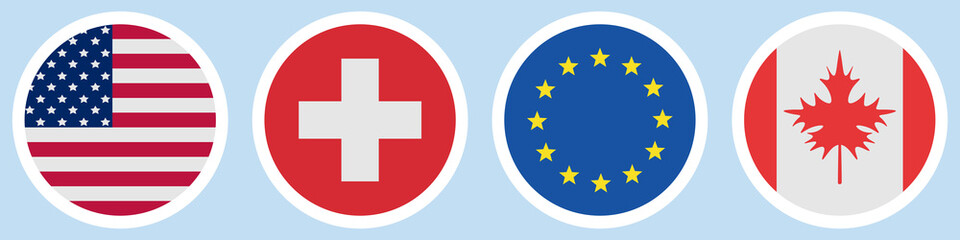 Flags of different countries. A set of stickers on a white backing. Collection of vector icons. Isolated background. USA, Switzerland, European Union, Canada. National symbol of the state. 