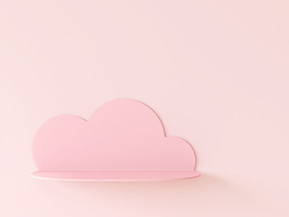 3D render of an empty cute sweet pink cloud book shelf hang on pastel pink wall for kids or baby nursery products display background, mock up. Backdrop, Template, Blank, Space, Overlay, Stand, Girls.