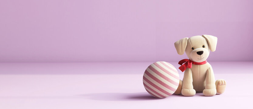 3D render of a cuddly stuffed puppy toys and lovely soft stripe pink ball on pink purple background with copy space. Love, Girl, Giftsm Doll, Backdrop, Mock up, Sweet, Safe, Child's first friends.