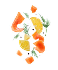 Salmon slices with chopped lemon in the air on a white background
