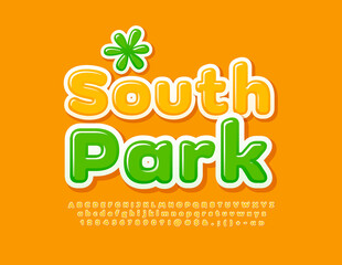 Naklejka premium Vector sunny emblem South Park with decorative element. Yellow bright Font. Set of Alphabet Letters, Numbers and Symbols