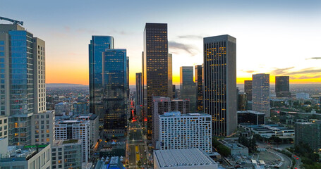 City of Los Angeles, panoramic cityscape skyline scenic, aerial view at sunset, office building.