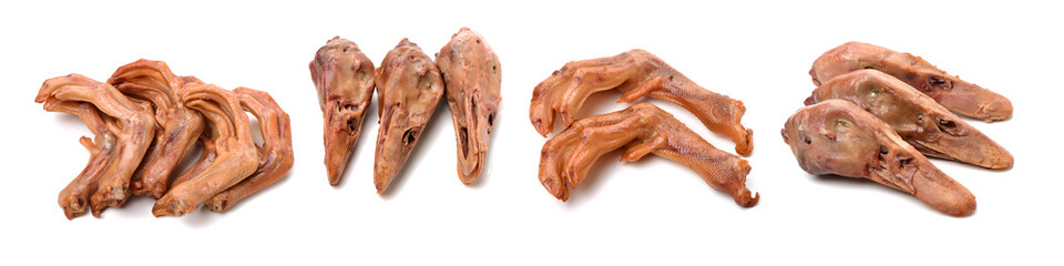 Duck feet and Duck head with marinated sauce on white background