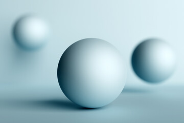 3D rendering. White inflatable balls. Close-up of geometric figure balls  flying