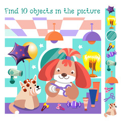 Funny dogs at barbershop. Find 10 items. Game for children. Cute cartoon character. Vector illustration.