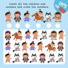 How many children, animals do you see here. Count and write numbers. Game for children. Math worksheet for kids. Vector color illustration.