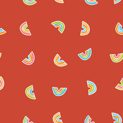 Trendy seamless pattern with colorful rainbow on color background. Design for invitation, poster, card, fabric, textile, fabric. Cute holiday illustration for baby. Scandinavian doodle style