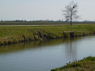 paesaggio rurale in campagna con piccolo canale di irrigazione campiu