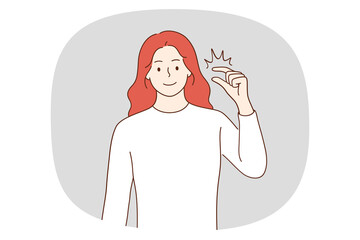 Portrait of smiling young woman show small measurement with hands. Happy girl demonstrate little size or amount make gesture. Nonverbal communication. Vector illustration. 