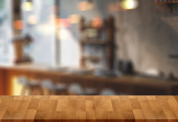 Wood table with blur  in coffee shop cafe For montage product display table copy space cafe background with copy space for text