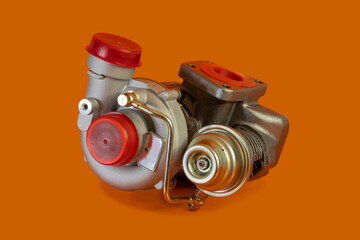 Brand new turbo charger or automotive turbine, vintage type or style, smaller turbo, isolated on...