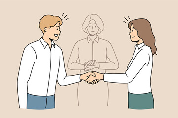 Business partners shake hands find solution with help of mediator. Happy employees or colleagues come to agreement resolve problem with impartial arbitration. Vector illustration.  - obrazy, fototapety, plakaty