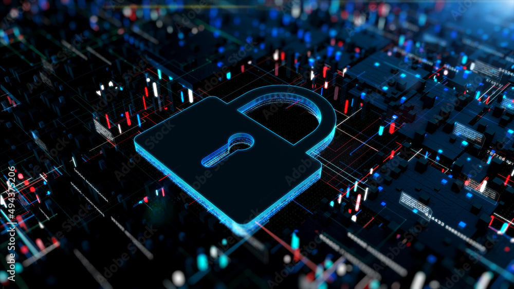 Poster padlock icon on circuit board, cyber security digital data network protection, future technology dig