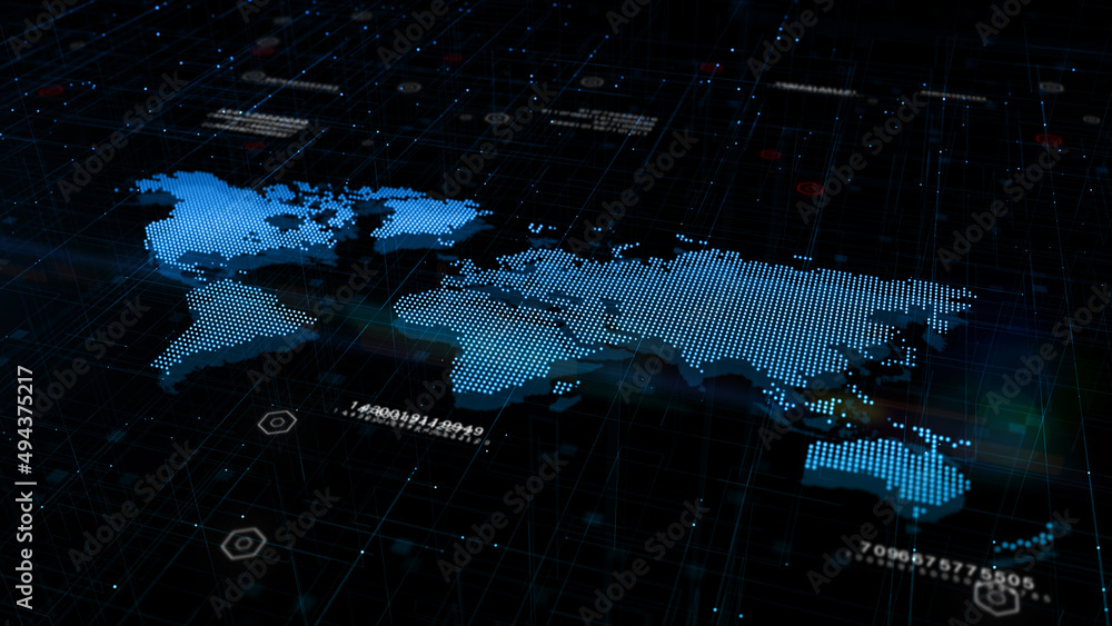 Poster blue map of the earth, digital cyberspace and digital data network connections. worldwide big data c