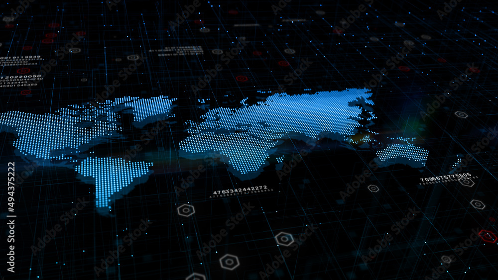 Poster blue map of the earth, digital cyberspace and digital data network connections. worldwide big data c
