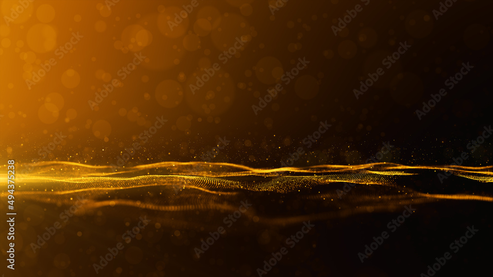 Poster abstract gold color digital particles wave flow with bokeh and lighting, premium environment backgro