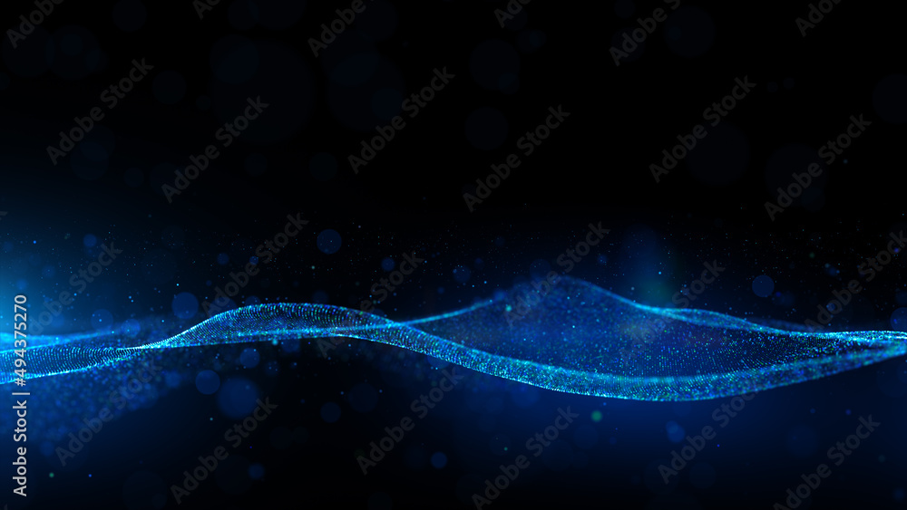 Poster abstract blue color digital particles wave flow with bokeh and lighting, premium environment backgro