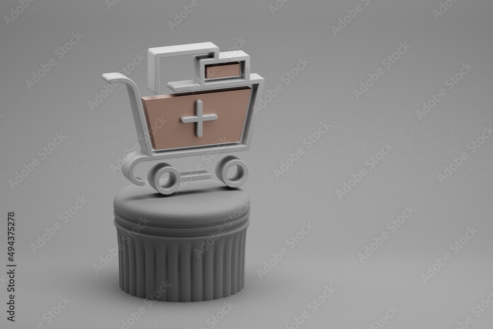 Poster Beautiful abstract illustrations Shopping Cart Plus symbol icons on a column and wonderful background. 3d rendering illustration. Background pattern for design. Online Shopping.