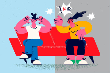 Husband close ears ignore furious wife talking 