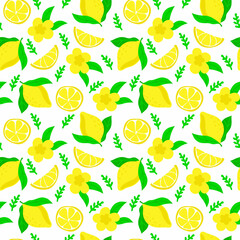 Seamless pattern of bright lemons, hand-drawn elements. Summer. Yellow lemons with leaves and flowers on white background. Lemonade. Suitable for textiles and packaging.
