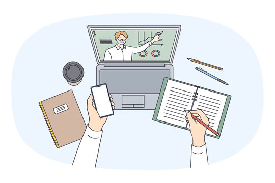 Top view closeup of student sit at desk have online lesson on computer make notes. Teenager use gadgets study on internet watch lecture or webinar on laptop. Remote education. Vector illustration. 