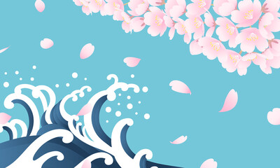 桜吹雪と波の和風ベクターイラスト