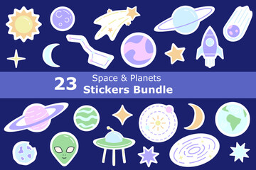 Space and planets cartoon stickers set. Rocket, solar system model, crescent moon, stars colorful childish patches pack with white outline