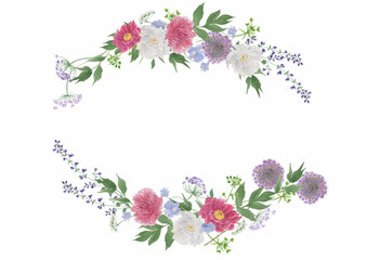 Watercolor painting oval frame with beautiful peony and meadow flowers. Perfect for wedding invitation, greeting card