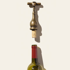 Minimal top view vintage corkscrew with uncorked cork and glass bottle for red wine, concept design...