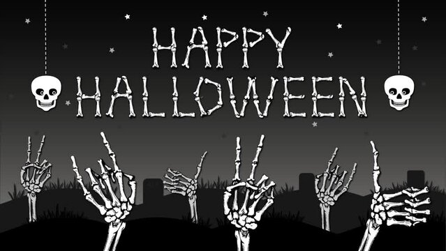 Happy halloween banner with skeleton hands with  peace, rock and like gestures. Vector animation