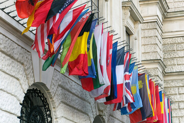 The flags of Organization for Security and Co-operation in Europe countries near headquarters of OSCE in Vienna, Austria