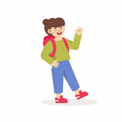 Girl with a backpack. Little traveler cartoon style. Kid girl goes and wave your hand - 494378263