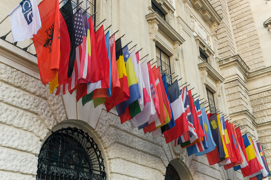 The flags of Organization for Security and Co-operation in Europe countries near headquarters of OSCE in Vienna, Austria