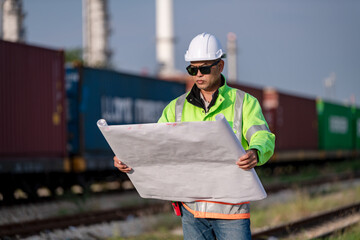 Engineer wearing uniform and helmet stand in front of the car hand holding blue print paper,...