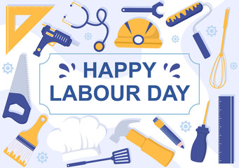 Happy Labor Day from People of Various Professions, Different Background and Thanks to Your Hard Work in Flat Cartoon Illustration for Poster