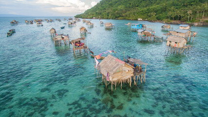 Beautiful aerial view borneo sea gypsy water village in Mabul Bodgaya Island, Malaysia.