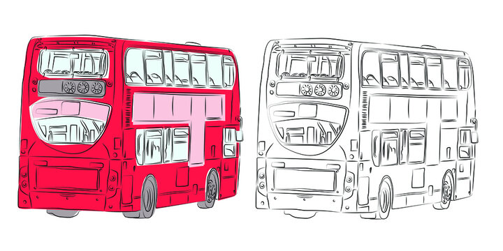 London double-decker modern bus in red and pencil drawing with rear view. Red bus.