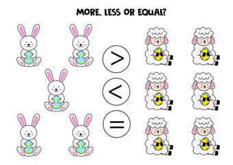 More, less, equal with cartoon Easter lambs and rabbits.