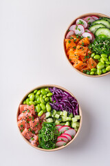 Vegan Poke bowl with Plant based seafood, salmon, tuna