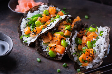 Vegan Sushi Tacos with Plant based salmon, wakame and edamame