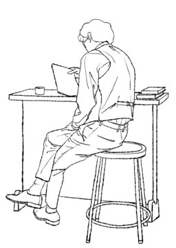 ラフな姿勢で新聞（雑誌・書類等）を読んでいる、後ろ姿の男性の手描きイラスト（線画のみ。カフェでの読書・書類や手帳に目を通している仕事シーン等をイメージしています。）