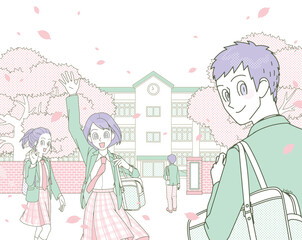 春の登校シーンのイラスト